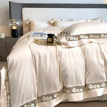 Champagne Grey Flower Long Striped 1000TC Egyptian Cotton Duvet Cover Bedding Set